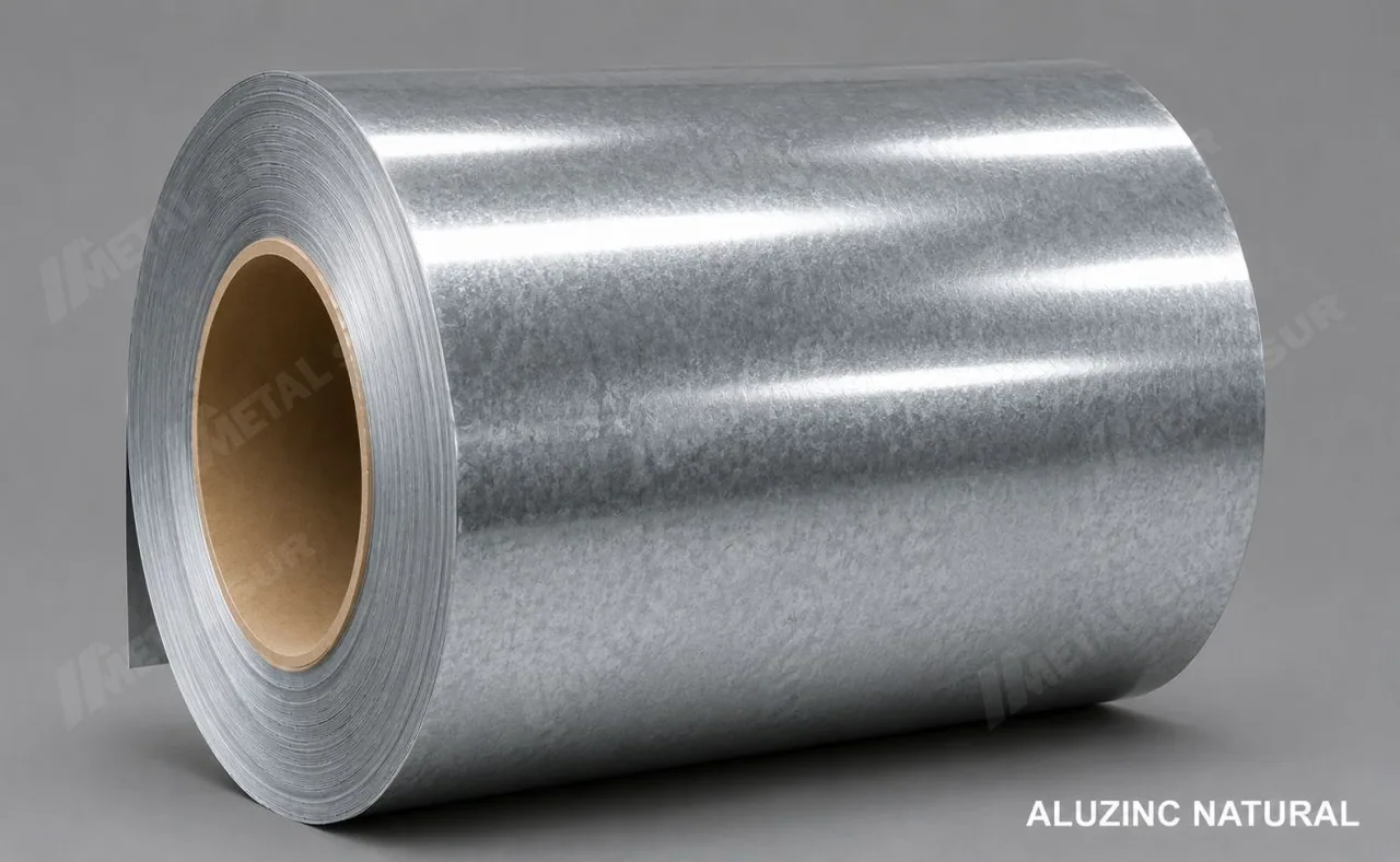Bobina de Aluzinc natural mostrada como materia prima del material comercializado